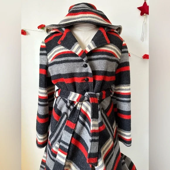 RARE Vintage 70’s Retro Boho Chevron Stripe Red Grey Black Wool Long Coat M L - Picture 2 of 10